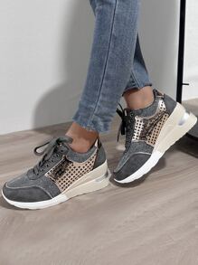 運動女性前綁帶坡跟運動鞋