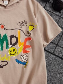 SHEIN Boys Cartoon & Letter Graphic Hooded Tee - Khaki - View 3