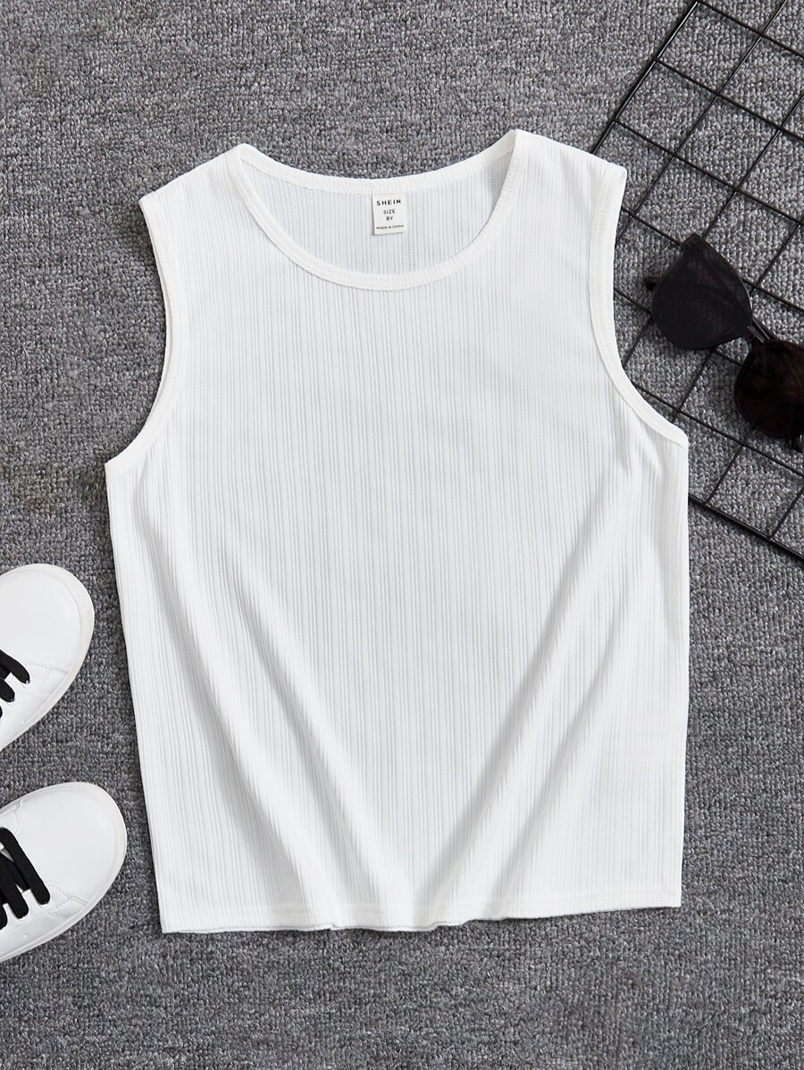 SHEIN Tanks Bé Trai Gân đan màu trơn Giải trí - trắng - Xem 1