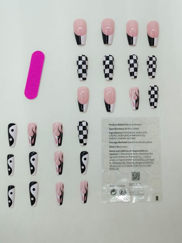 Transform Your Nails with 24pcs Long Coffin Black And White French Yin