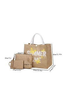 3 piezas con estampado de mariposa y letra Bolsa de compras Set - Caqui - Ver 4
