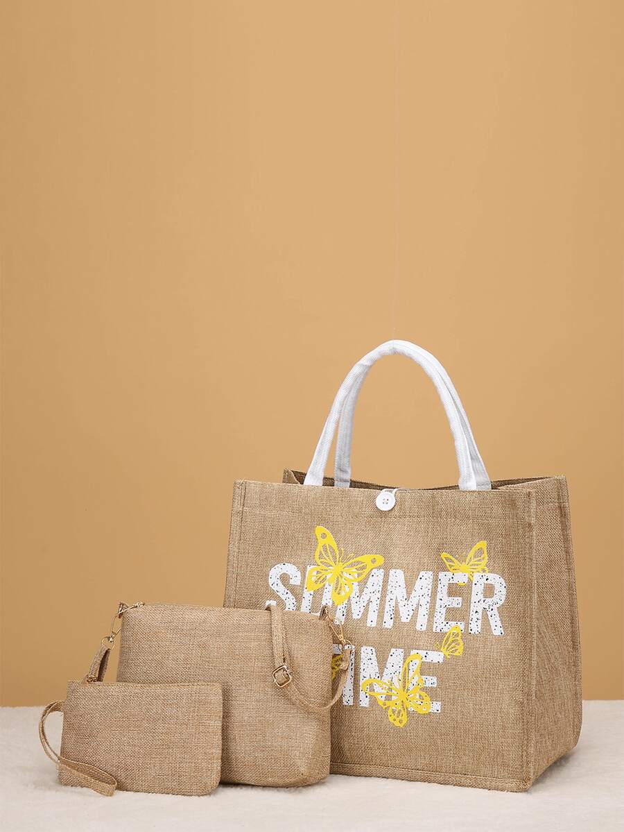3 piezas con estampado de mariposa y letra Bolsa de compras Set - Caqui - Ver 1