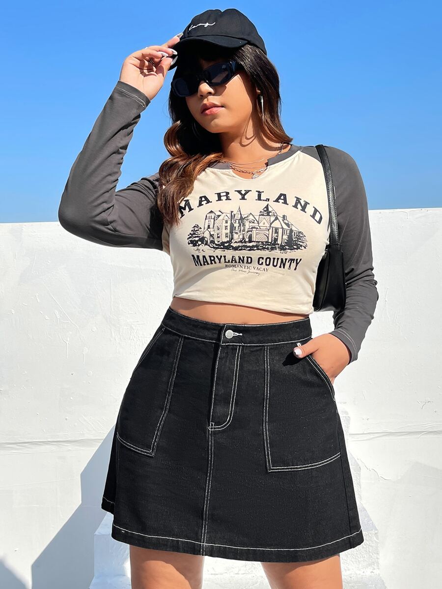 SHEIN EZwear 大碼頂針斜口袋牛仔半身裙 - 黑色 - 查看 1