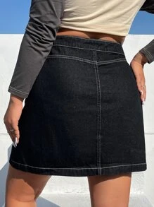 SHEIN EZwear 大碼頂針斜口袋牛仔半身裙 - 黑色 - 查看 4