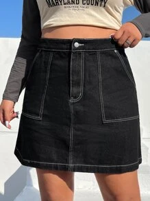 SHEIN EZwear 大碼頂針斜口袋牛仔半身裙 - 黑色 - 查看 3