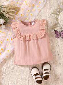 1件嬰兒女孩純色紋理面料刺繡蕾絲無袖上衣，夏季 - 粉色 - 查看 1