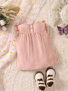 1件嬰兒女孩純色紋理面料刺繡蕾絲無袖上衣，夏季 - 粉色 - 查看 2