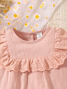 1件嬰兒女孩純色紋理面料刺繡蕾絲無袖上衣，夏季 - 粉色 - 查看 5