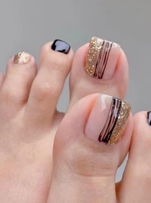 Instantly Upgrade Your Look With 24pcs Short Square Black Striped Glitter Detail Fake Toenail & 1pc Nail File & 1sheet Tape Nails - Multicolor - View 1