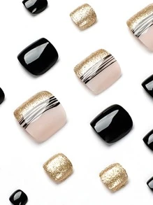 Instantly Upgrade Your Look With 24pcs Short Square Black Striped Glitter Detail Fake Toenail & 1pc Nail File & 1sheet Tape Nails - Multicolor - View 2