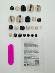 Instantly Upgrade Your Look With 24pcs Short Square Black Striped Glitter Detail Fake Toenail & 1pc Nail File & 1sheet Tape Nails - Multicolor - View 3