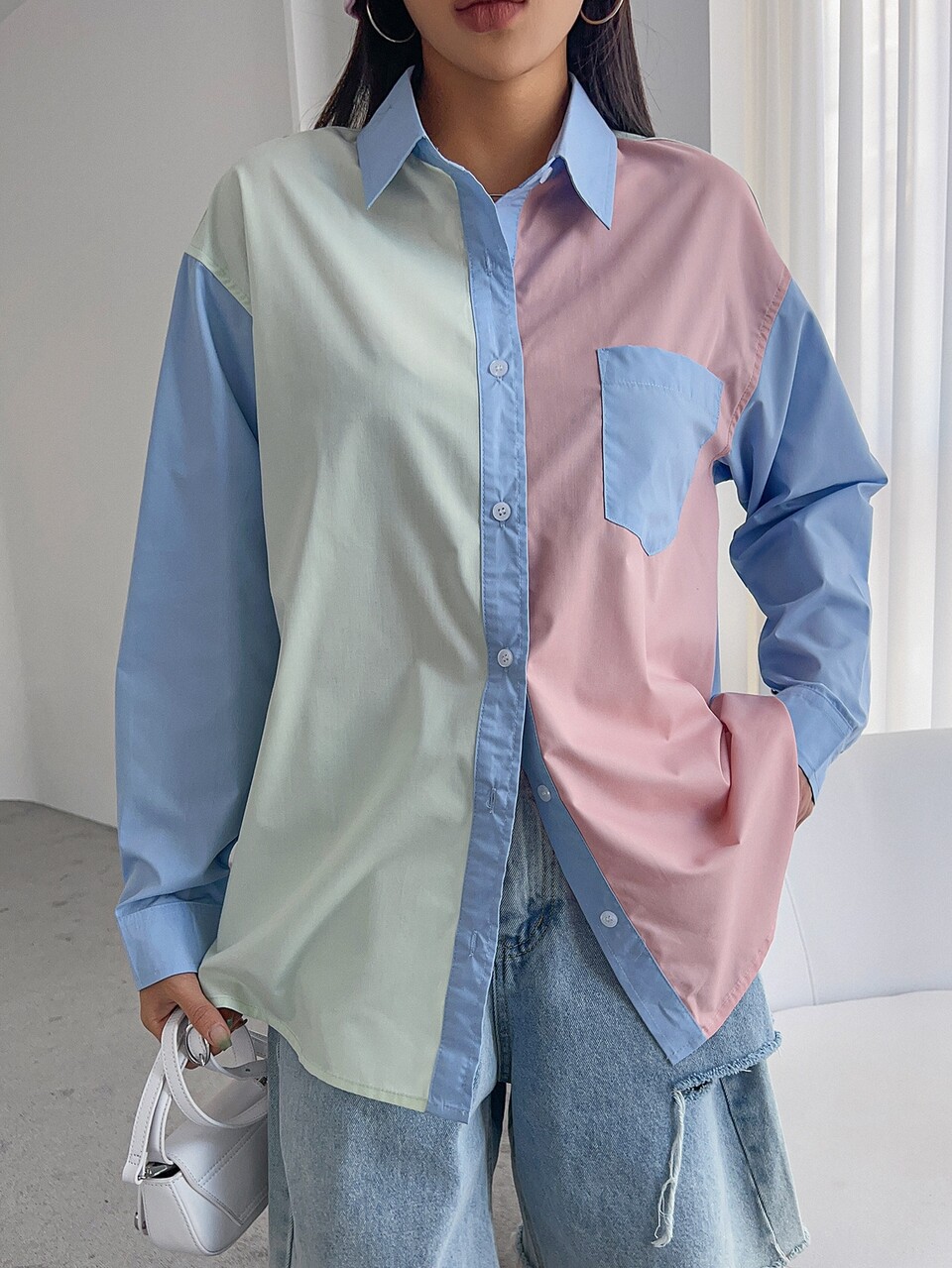 Colorblock Drop Shoulder Button Front Shirt
