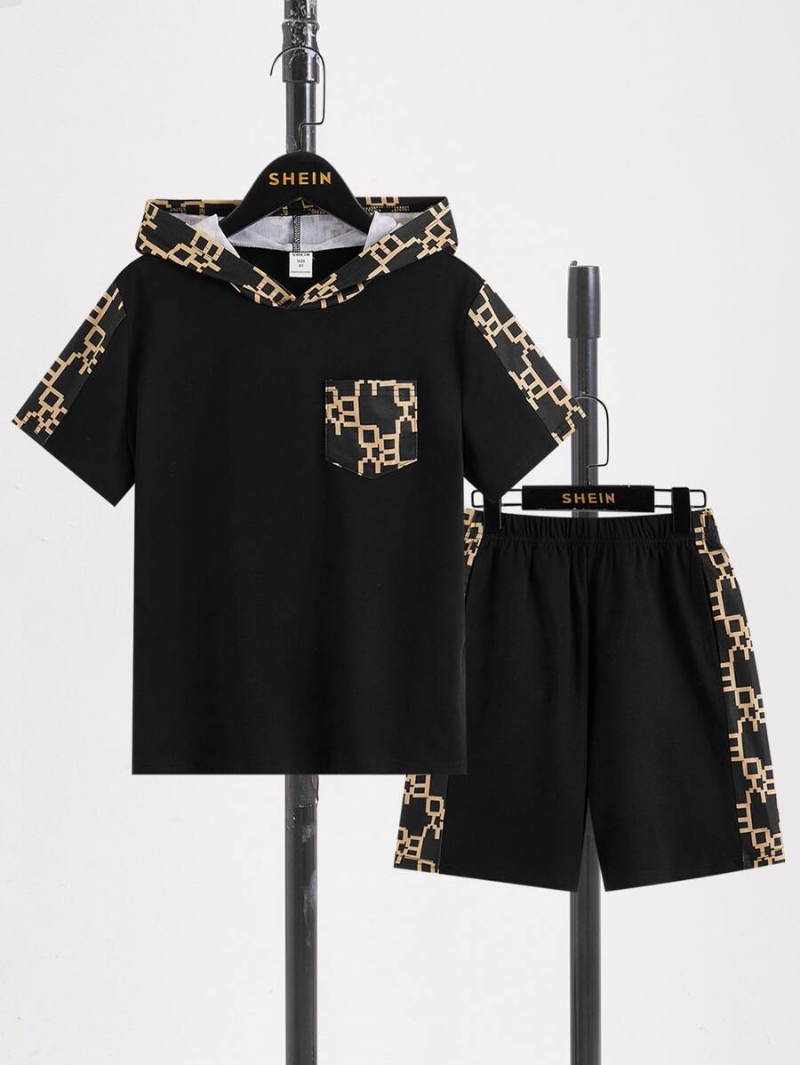 SHEIN Boys Geo Print Hooded Tee & Shorts - Black - View 1