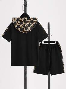 SHEIN Boys Geo Print Hooded Tee & Shorts - Black - View 2