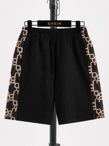 SHEIN Boys Geo Print Hooded Tee & Shorts - Black - View 3