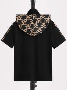 SHEIN Boys Geo Print Hooded Tee & Shorts - Black - View 6