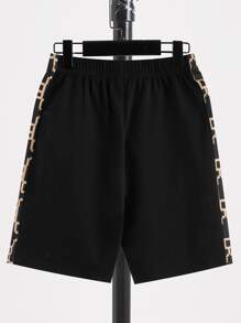 SHEIN Boys Geo Print Hooded Tee & Shorts - Black - View 7