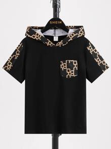 SHEIN Boys Geo Print Hooded Tee & Shorts - Black - View 8