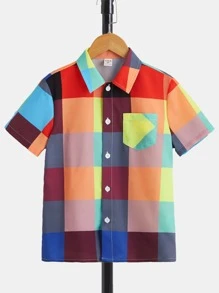 SHEIN 男孩格紋印花口袋貼布襯衫