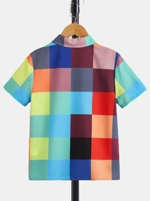 SHEIN 男孩格紋印花口袋貼布襯衫