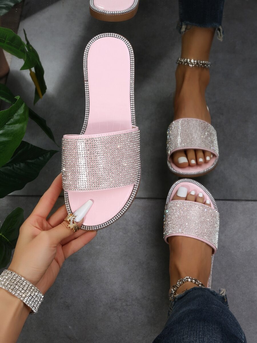 Sandalias deslizantes glamorosas para mujeres con decoración de rhinestones, sandalias planas de color rosa bebé, ideal para el Día de San Valentín