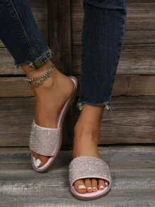 Sandalias deslizantes glamorosas para mujeres con decoración de rhinestones, sandalias planas de color rosa bebé, ideal para el Día de San Valentín