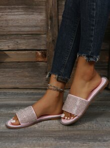 Sandalias deslizantes glamorosas para mujeres con decoración de rhinestones, sandalias planas de color rosa bebé, ideal para el Día de San Valentín