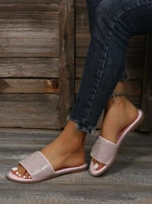 Sandalias deslizantes glamorosas para mujeres con decoración de rhinestones, sandalias planas de color rosa bebé, ideal para el Día de San Valentín