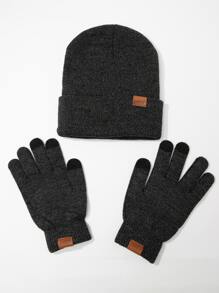 男士字母標籤細節翻邊豆豆帽和手套 - 深灰色 - 查看 1