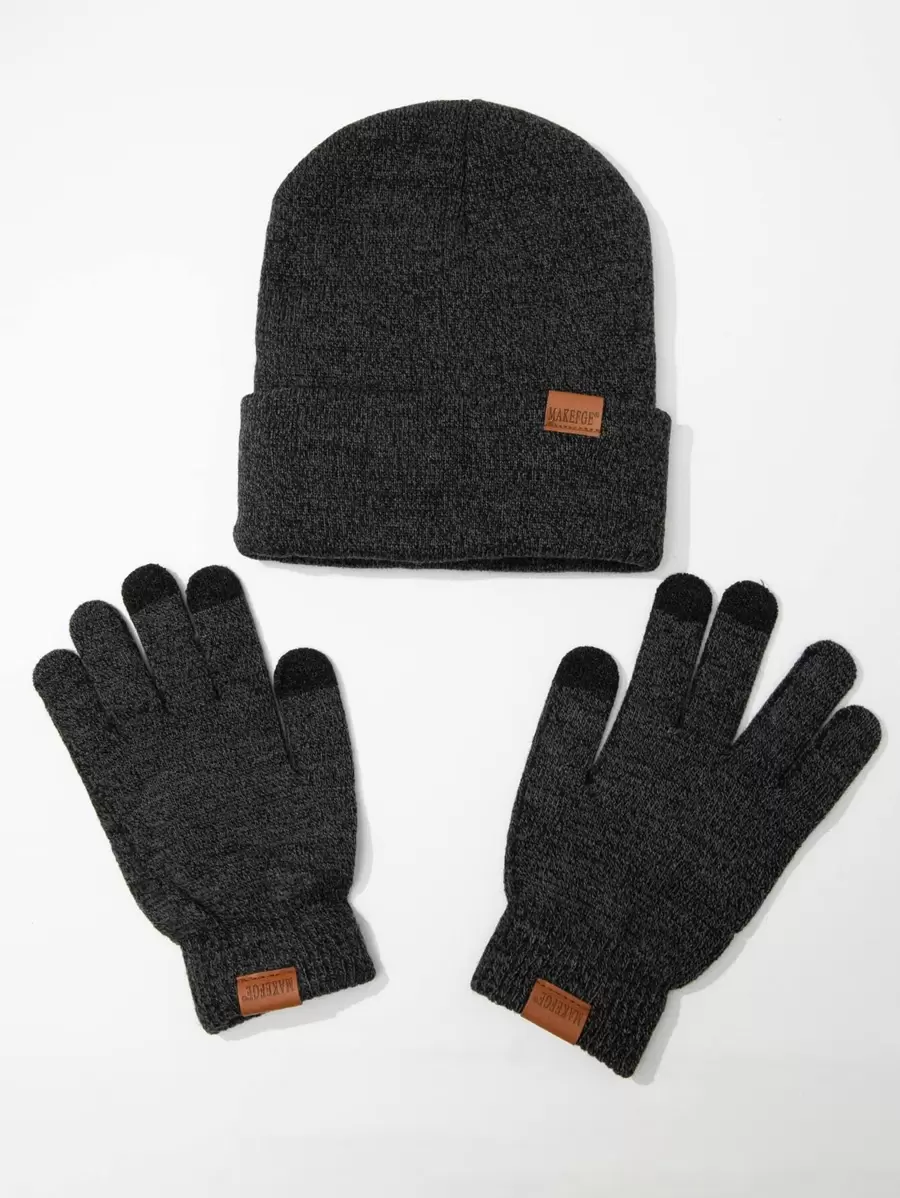 男士字母標籤細節翻邊豆豆帽和手套 - 深灰色 - 查看 1