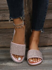Sandalias deslizantes glamorosas para mujeres con decoración de rhinestones, sandalias planas de color rosa bebé, ideal para el Día de San Valentín