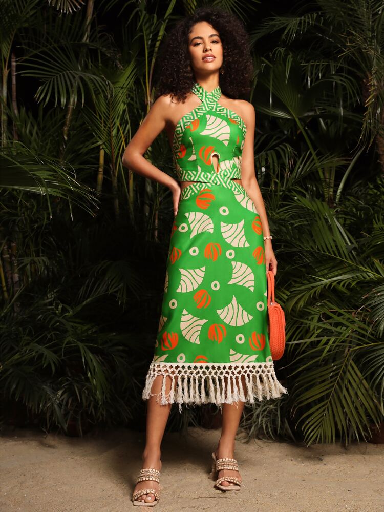 Geo Print Fringe Hem Halter Dress
