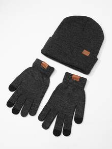 男士字母標籤細節翻邊豆豆帽和手套 - 深灰色 - 查看 2