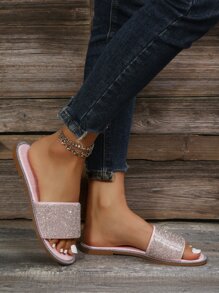 Sandalias deslizantes glamorosas para mujeres con decoración de rhinestones, sandalias planas de color rosa bebé, ideal para el Día de San Valentín
