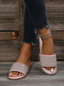 Sandalias deslizantes glamorosas para mujeres con decoración de rhinestones, sandalias planas de color rosa bebé, ideal para el Día de San Valentín