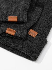 男士字母標籤細節翻邊豆豆帽和手套 - 深灰色 - 查看 4