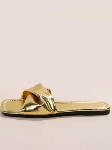 女士金屬質感扭結裝飾露趾魅力四射戶外平底涼鞋 - 金色 - 查看 3