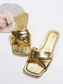 女士金屬質感扭結裝飾露趾魅力四射戶外平底涼鞋 - 金色 - 查看 5