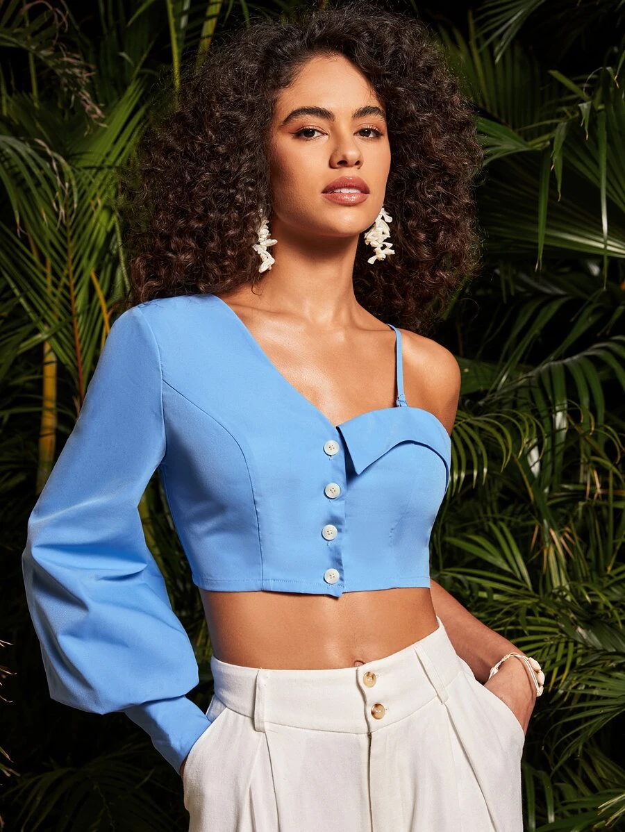 Travachic Áo sơ mi nữ Bất đối xứng Nút phía trước màu trơn Giải trí - Màu xanh lam - Xem 1