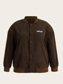 SHEIN EZwear Plus Letter Print Drop Shoulder Corduroy Bomber Jacket - Coffee Brown - View 1