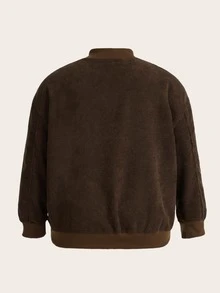 SHEIN EZwear Plus Letter Print Drop Shoulder Corduroy Bomber Jacket - Coffee Brown - View 2