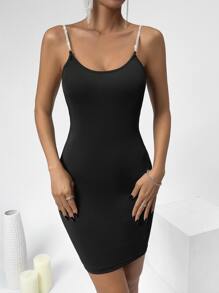 SHEIN Privé Rhinestone Strap Cami Bodycon Dress Black Mini Dress