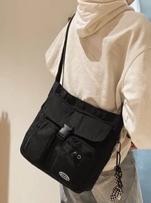 Men Letter Patch Decor Hobo Bag With Bag Charm - Black - View 1