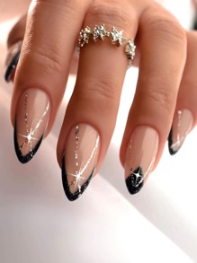 Get Glamorous with 24pcs Long Almond Black French Glitter Fake Nail