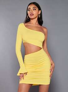 SHEIN BAE Đầm Cắt ra Xù màu trơn Gợi cảm - Màu vàng - Xem 1