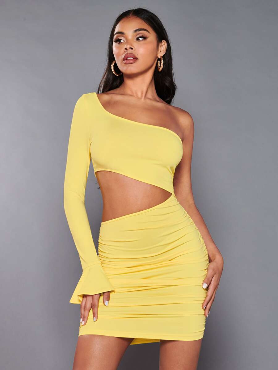 SHEIN BAE Đầm Cắt ra Xù màu trơn Gợi cảm - Màu vàng - Xem 1