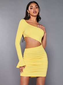 SHEIN BAE Đầm Cắt ra Xù màu trơn Gợi cảm - Màu vàng - Xem 4