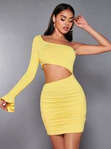 SHEIN BAE Đầm Cắt ra Xù màu trơn Gợi cảm - Màu vàng - Xem 5