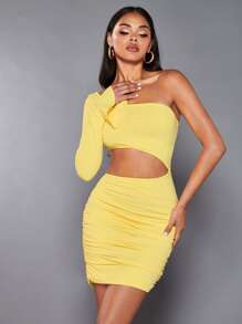 SHEIN BAE Đầm Cắt ra Xù màu trơn Gợi cảm - Màu vàng - Xem 6
