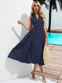 SHEIN VCAY Polka Dot Print Tie Backless Dress - Navy Blue - View 4